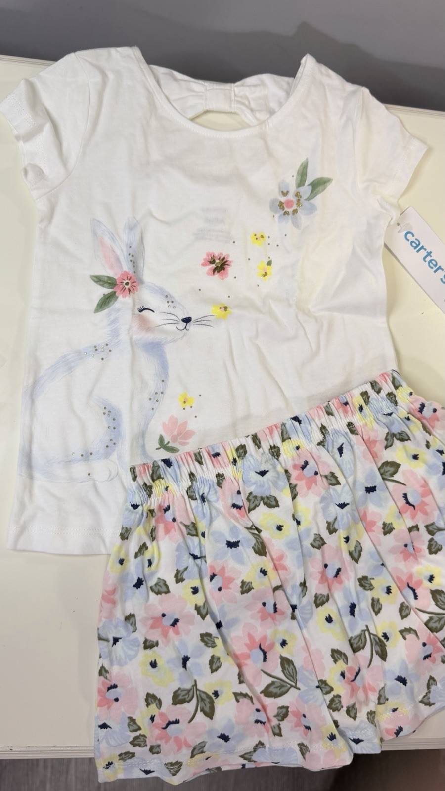 Carter’s 2-Piece Girls 2T Bunny Floral Shirt Skirt Set White Pink Spring Summer