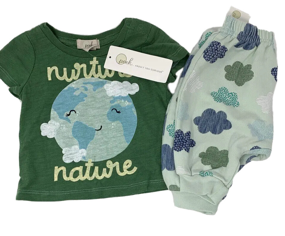 NWT Peek Boys Girls 3-6 Months Green Nurture Nature Earth Shirt and Pants Outfit