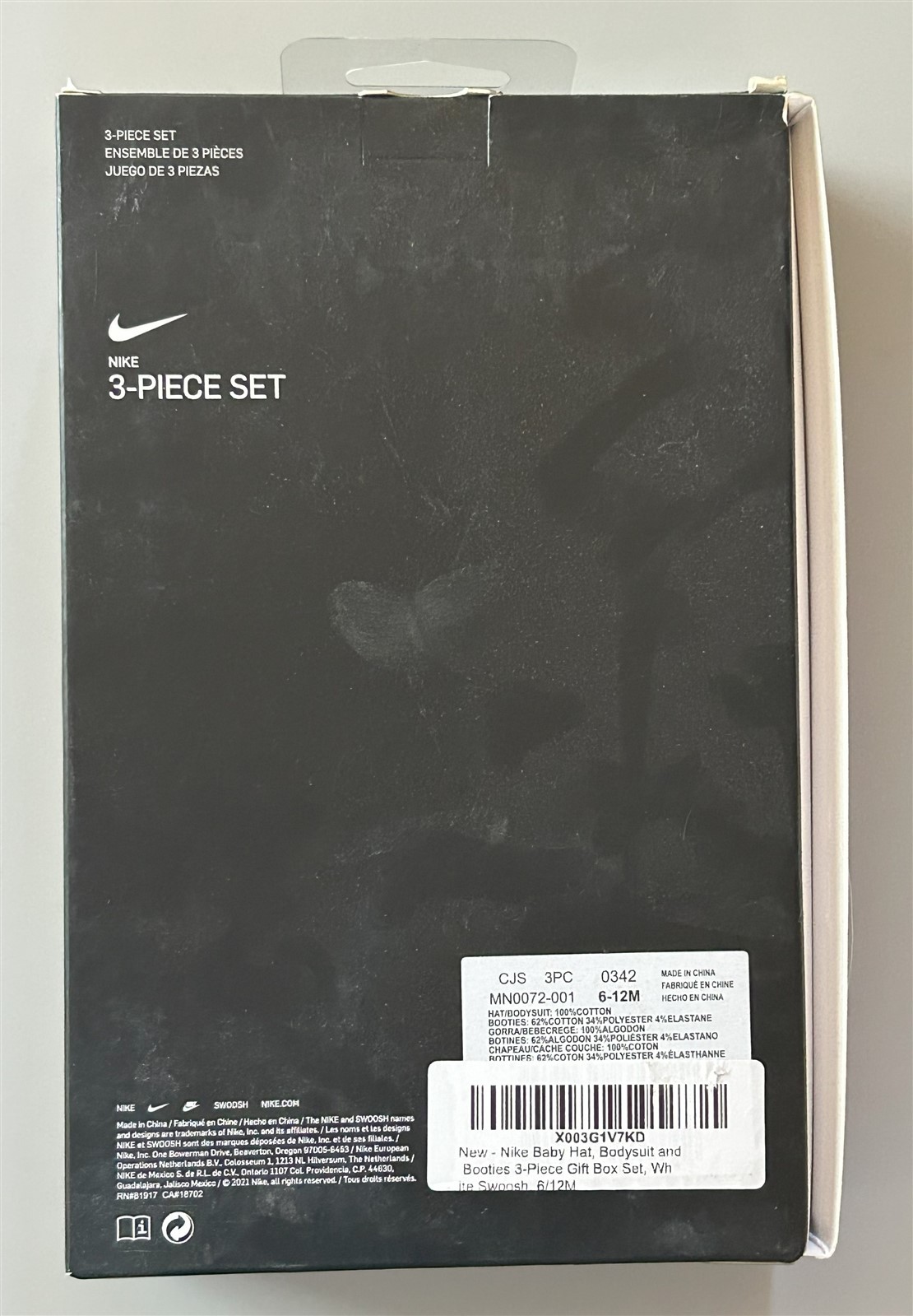 Nike Baby Bodysuit Hat Booties, 3 Pc Gift Box Set White Swoosh 6-12 Months
