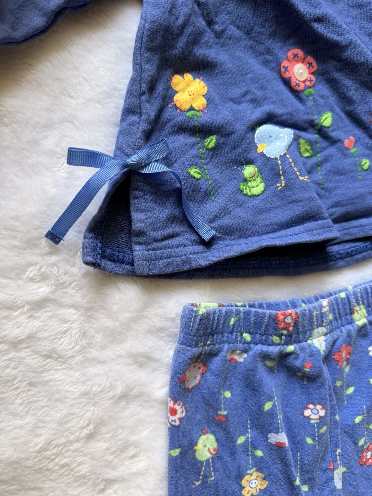 VTG Y2K Carters Baby Girl 2pc Set 3-6M Embroidered Bird Flower Blue Tunic Pants