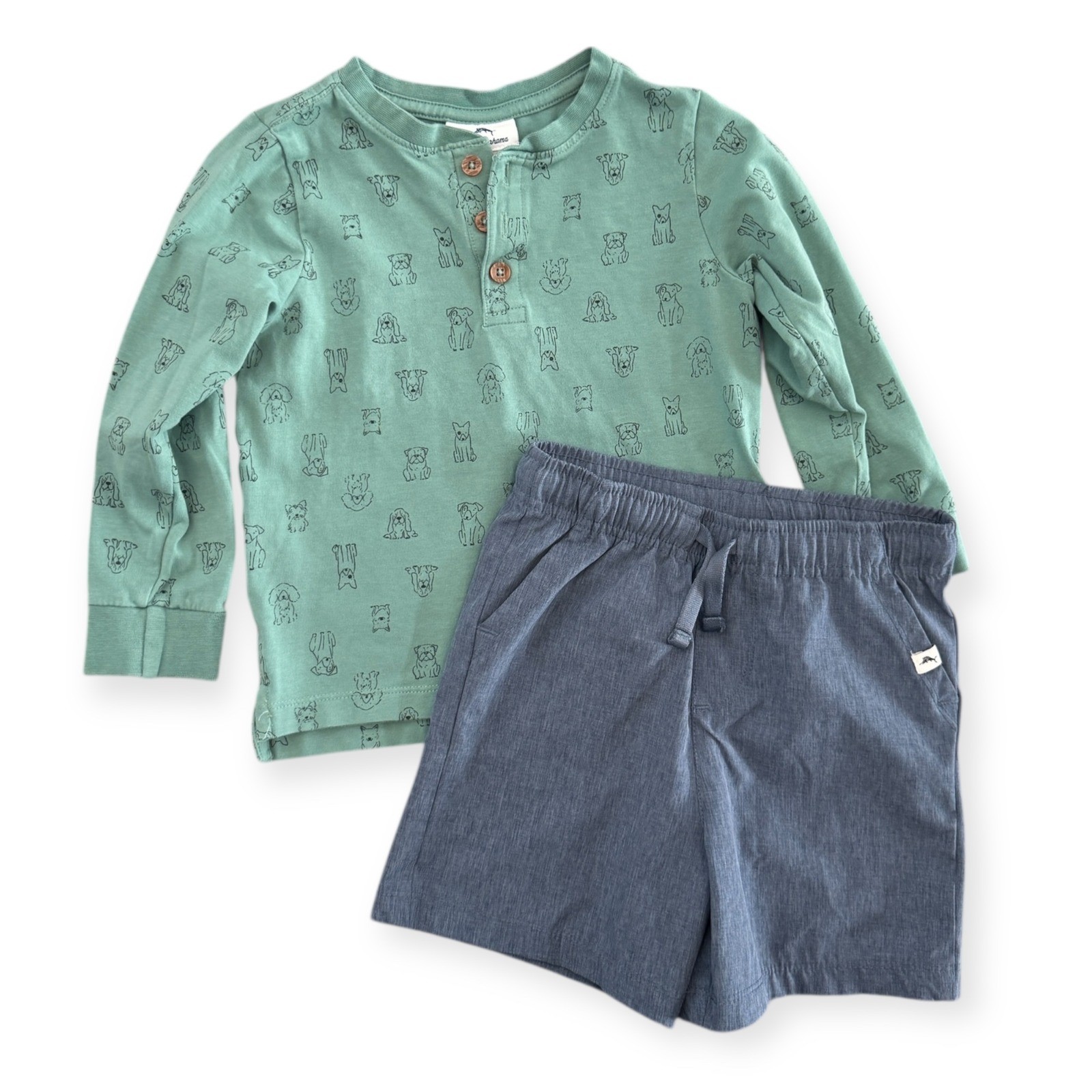 Tommy Bahama Boys Outfit Set Blue Shorts Size 4t Green Dog Print Shirt Size 3t