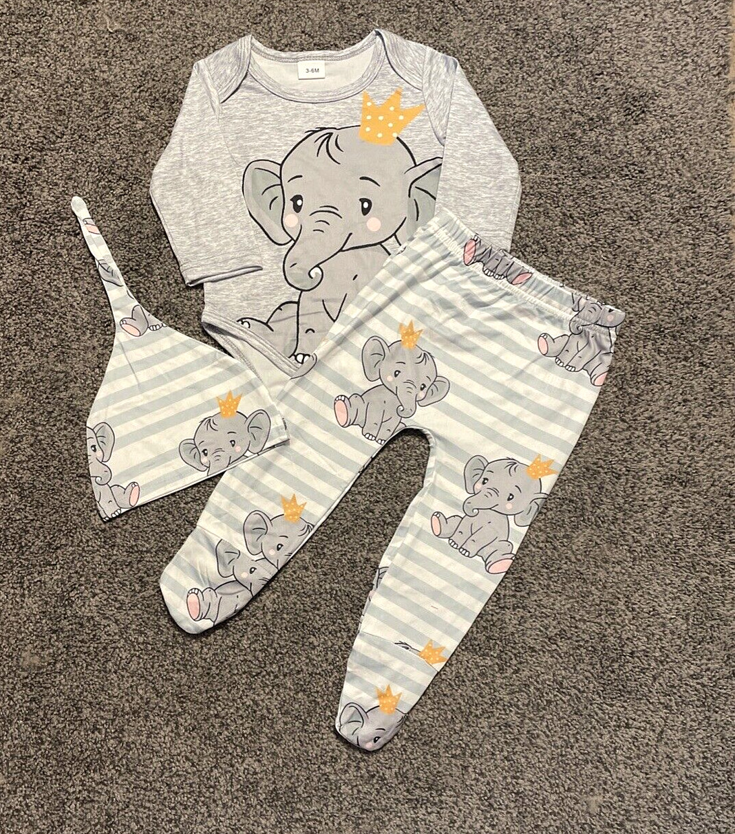 NEW Baby Boy Outfit Gray Stripe Elephant 3-6M 6-9M Shirt Pants Hat 130