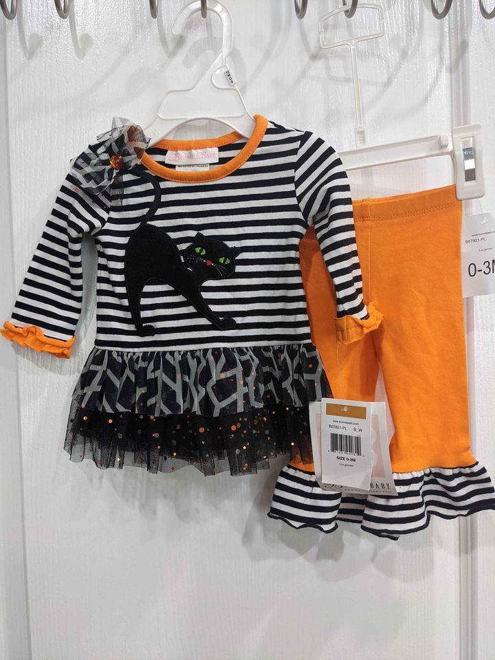 Bonnie Jean baby girls Black Cat Halloween striped Orange Legging Set