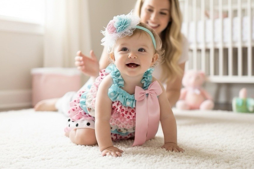 First Birthday Outfit Baby Girl Pink Ruffle Romper With Bow Size 6-12 Months