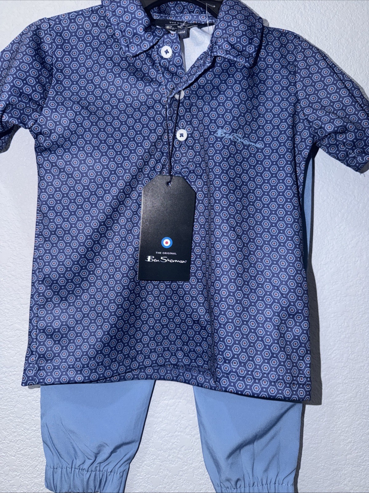Ben Sherman Boys Golf 2pc Shirt & Pants Set 12 Mo Blue Geometric Button New