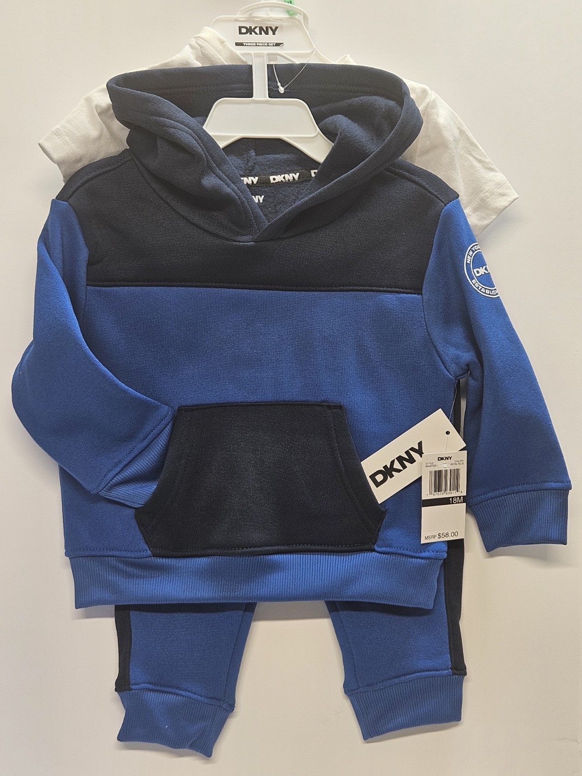 DKNY 18 M, Set Of 3, Blue Pull Over Hoodie/Blue Pants/ Crew Neck White T Shirt