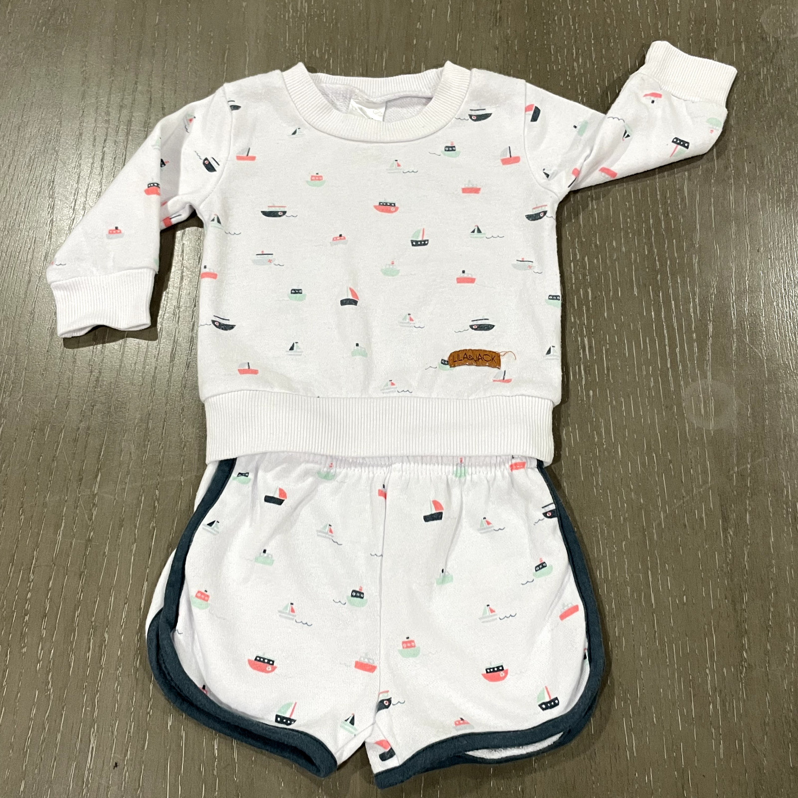 Lila & Jack Baby French Terry Pull Over Set Boat Print 3-6M & Short 6-9M