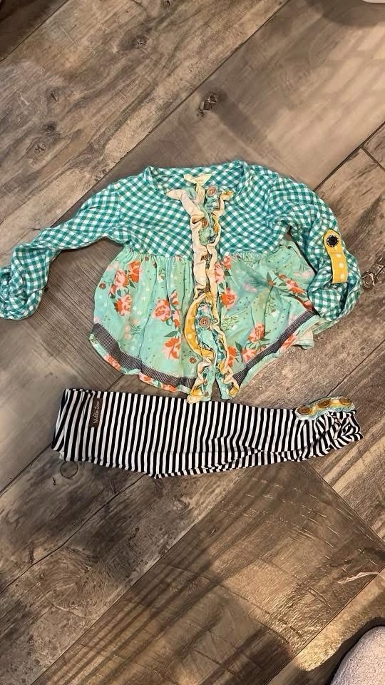 Matilda Jane Girls 2T Floral Ruffle Tunic Top & Striped Leggings Boutique Outfit