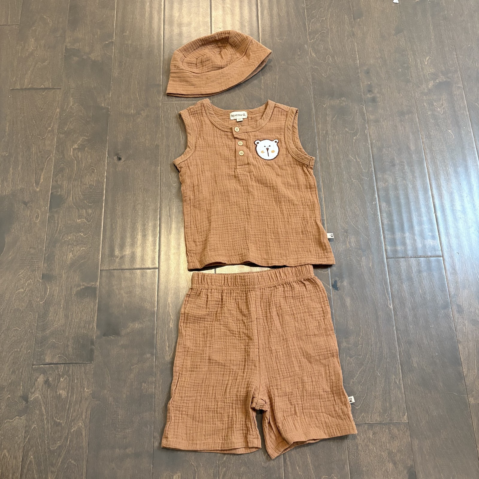 Bearpaw Kids 3 Piece Outfit Set 4T Muslin Tank Shorts Hat Bear Patch Toddler