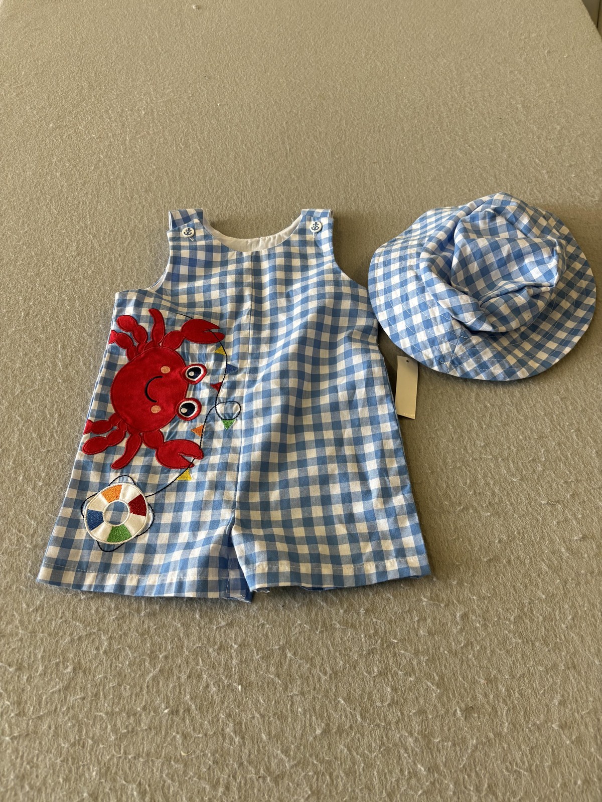 Good Lad Romper Set Baby Boy 18M Blue Gingham Crab Hat Nautical Beach Summer