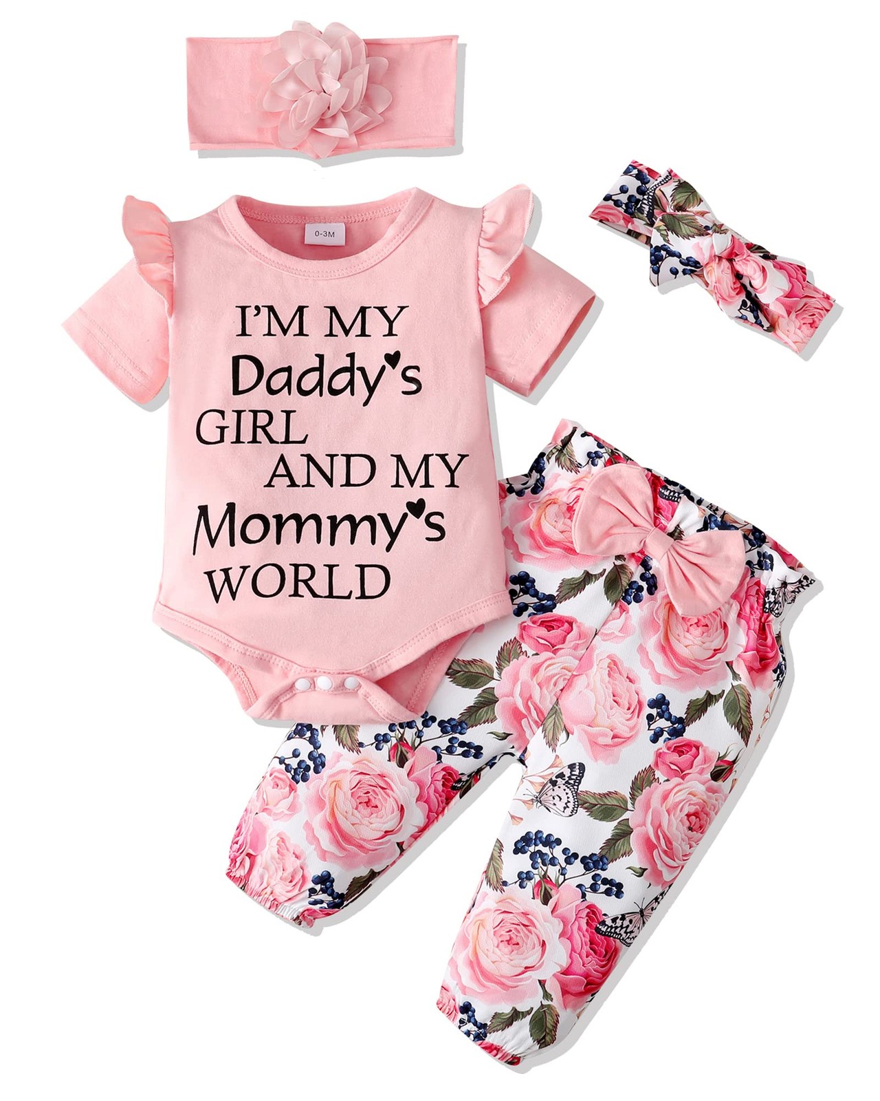 Pink Baby Girl Romper & Pant Set 6-12 Months – Short Sleeve Letter & Floral