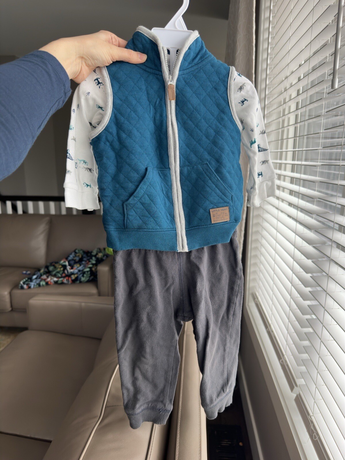 18 months boy girl pants Bodysuit Quilt Vest set Gray White Blue Dogs
