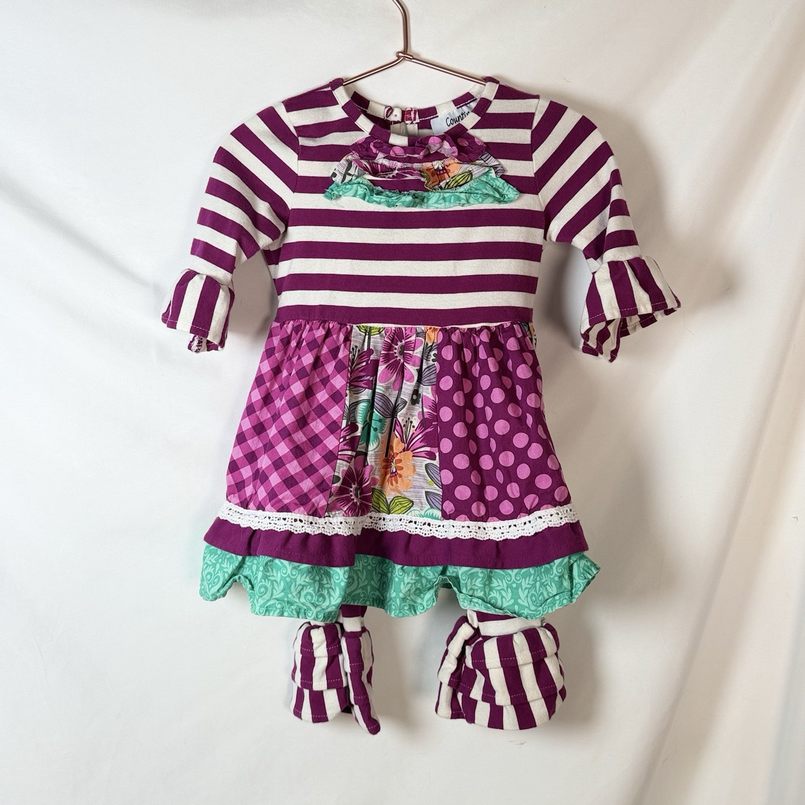 Counting Daisies Girls 2T 2-Piece Tunic & Striped Ruffle Pants Set Bow