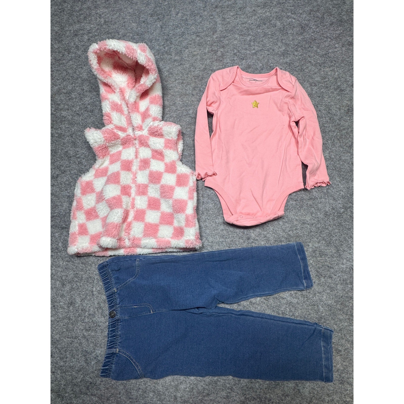 Little Me Kids 24M 3pc Set Pink Checkered Faux Fur Hooded Vest Bodysuit Pants