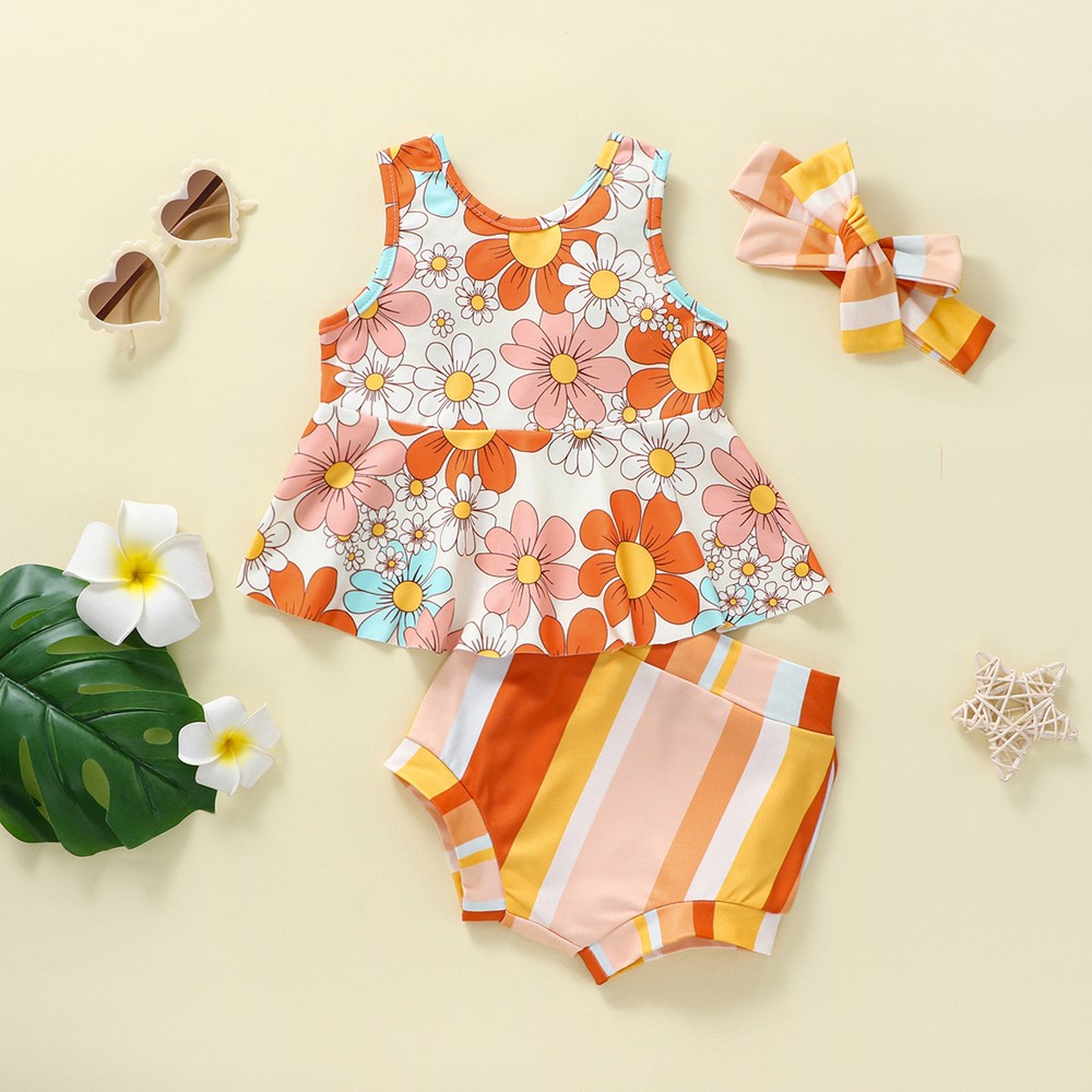 Infant Baby Girls Sleeveless Crew Neck Tank Tops Shorts Headband 3PCS Outfit Set