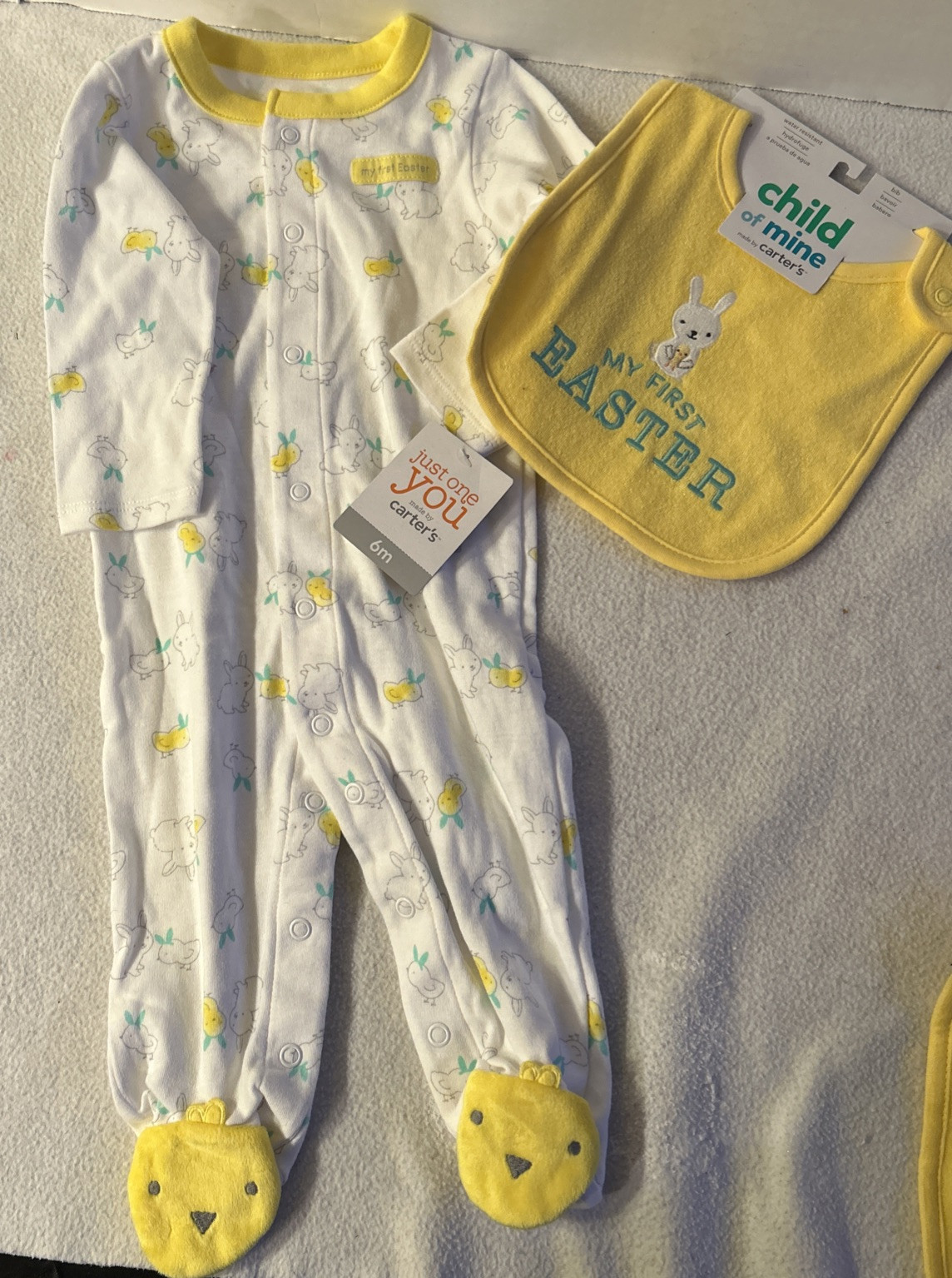 NWT Carters Just One You My First Easter Boy Girl Sleeper Chicks + Bib Yellow 6M