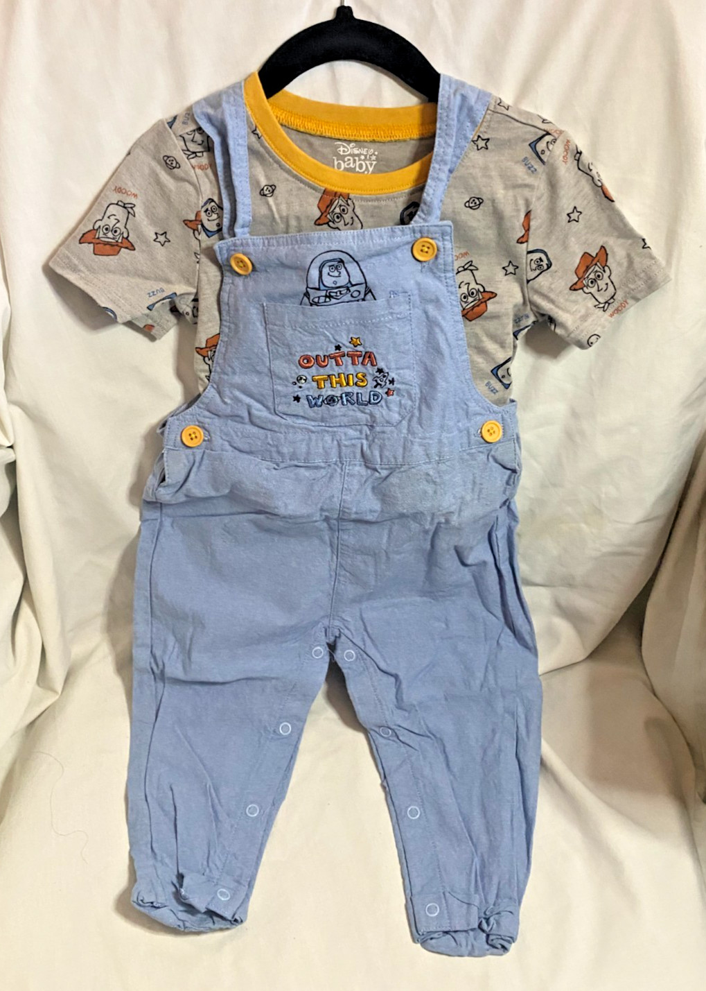 NWOT Disney Baby Toy Story 2 Piece Buzz Lightyear Woody Overalls Shirt 24 Months