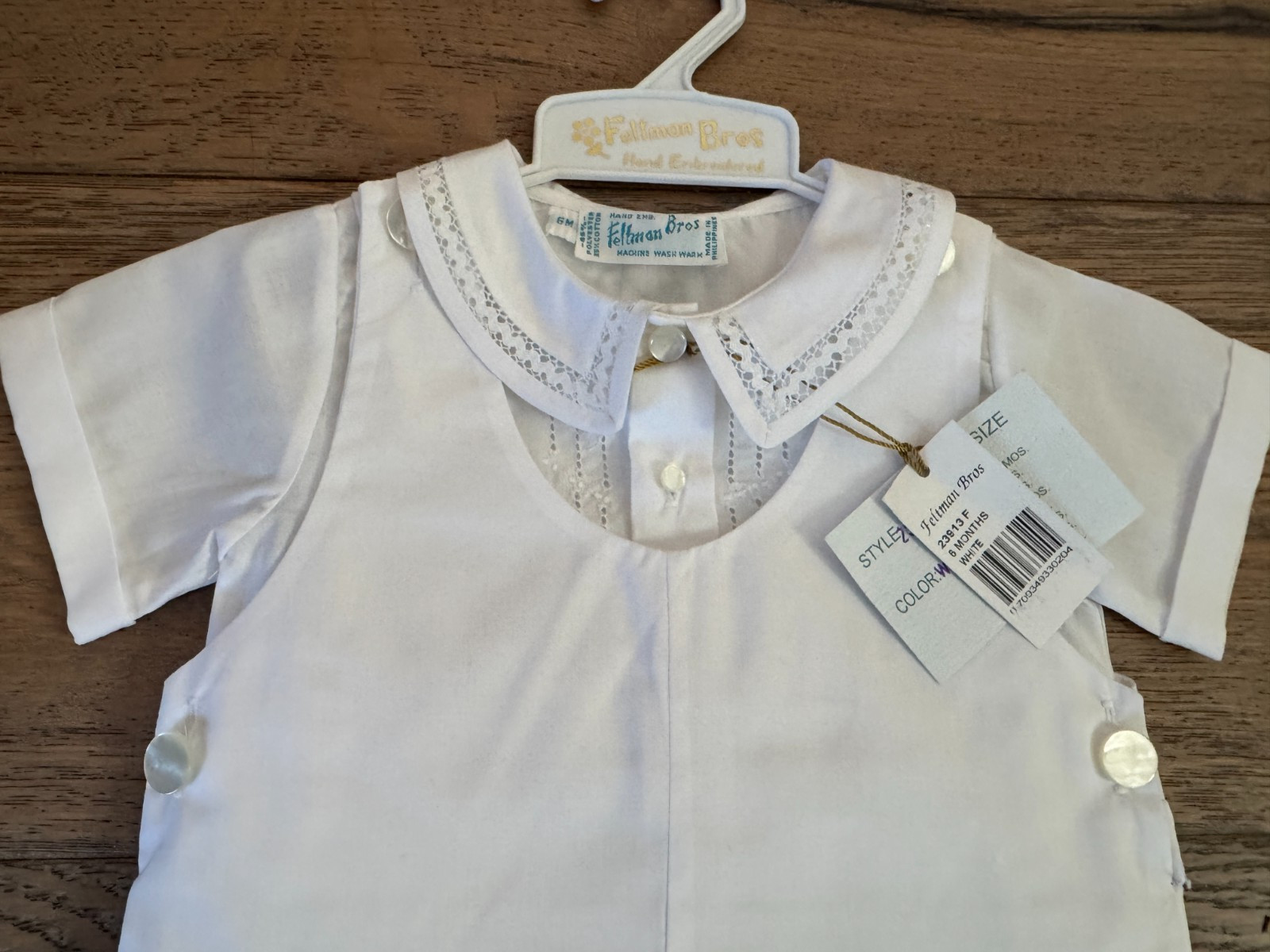New $68 Feltman Brothers Boys White Dressy Shortall, 6 Months – See Description