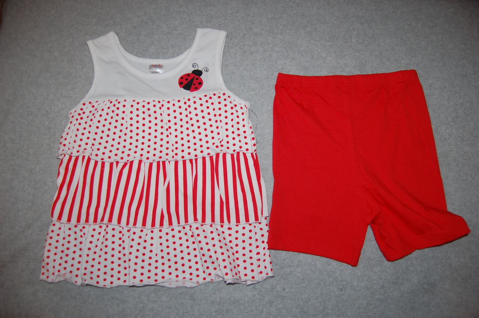 Baby Girls Outfit RED WHITE RUFFLE TANK TOP & SHORTS Stripes Dots Ladybug 24 MO