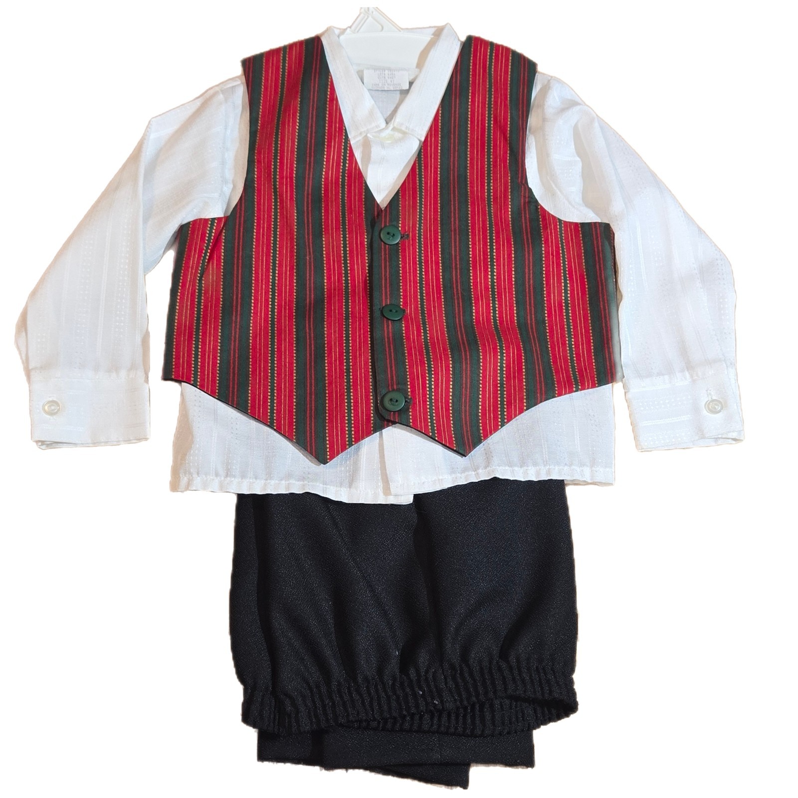 Vtg Boys Vest Suit Set 4T CHRISTMAS Red Green Striped Black Pants White Shirt
