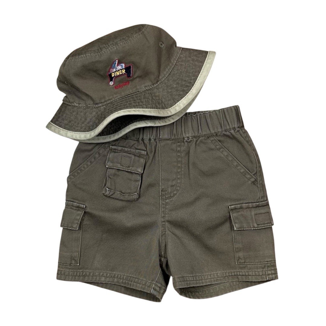 VINTAGE 90s Baby GAP Boys Safari Cargo Shorts & Bucket Hat Set Olive 6-12M