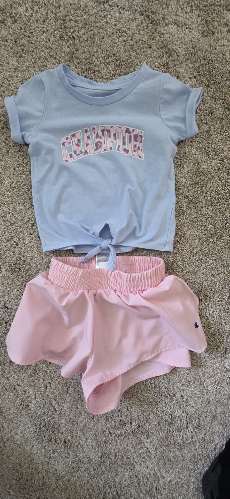Champion Girls 12M 2pc Logo Knit Tee & Elastic Waist Shorts Set Pink/Blue