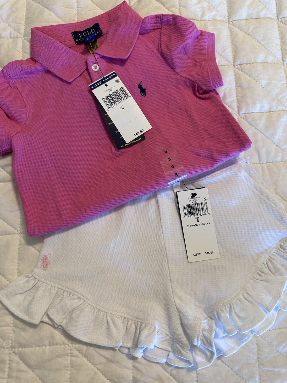 Polo Ralph Lauren Girls 3T Pink Polo & White Ruffle Shorts 2pc Lot
