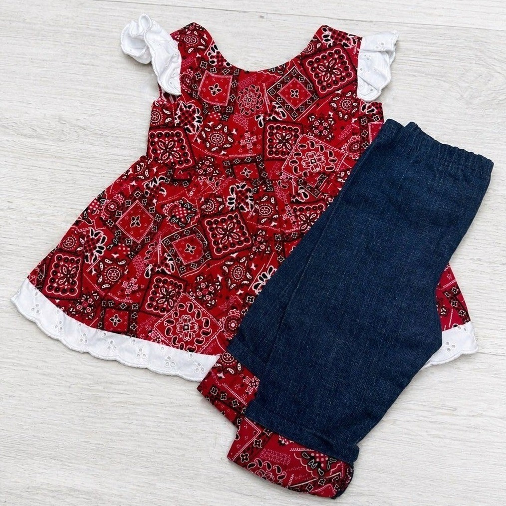Y2K Bandana Print Set Toddler 12M Red Paisley Eyelet Bow