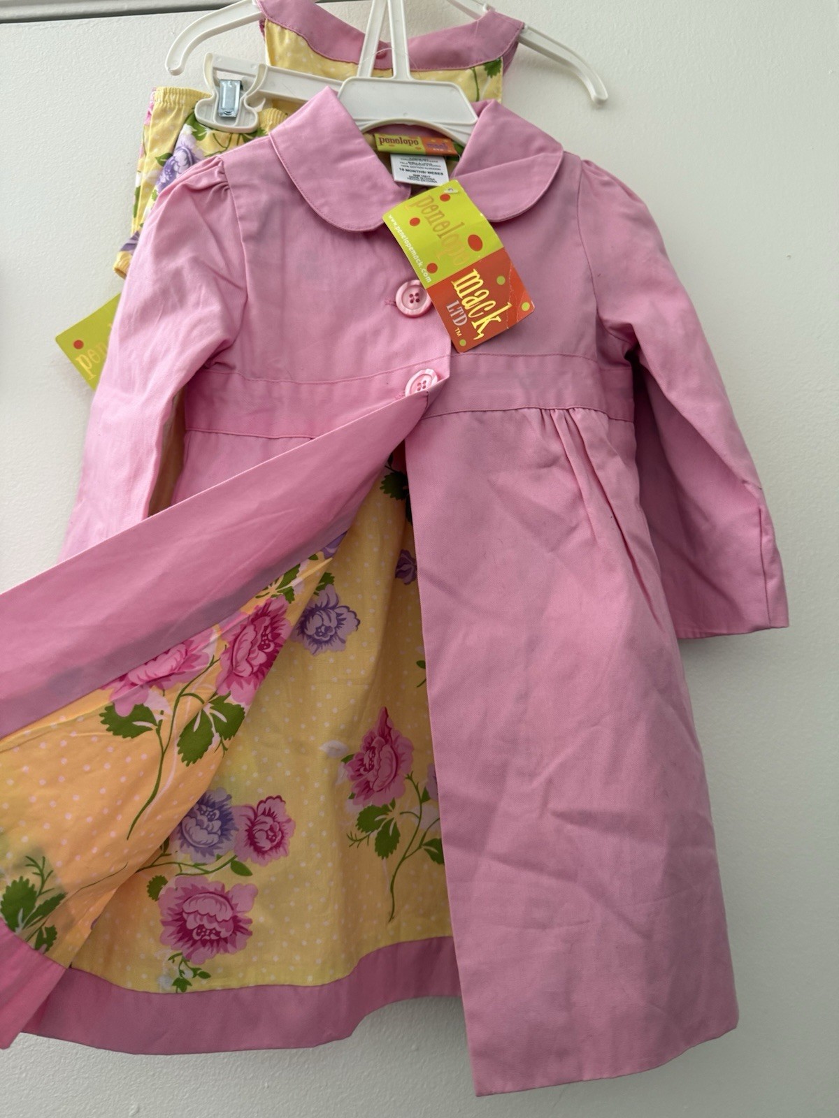 Penelope Mack Girls 3T 3 Piece Floral Dress Set with Pink Coat, Bloomers, Bow