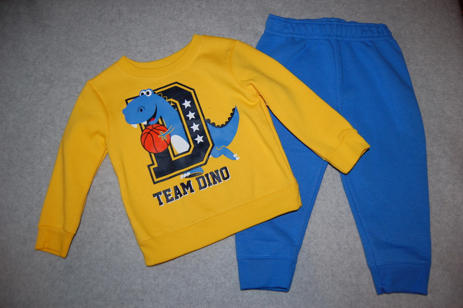 Baby Boys YELLOW SWEATSHIRT Basketball TEAM DINO DINOSAUR Blue Sweat Pants 12 MO