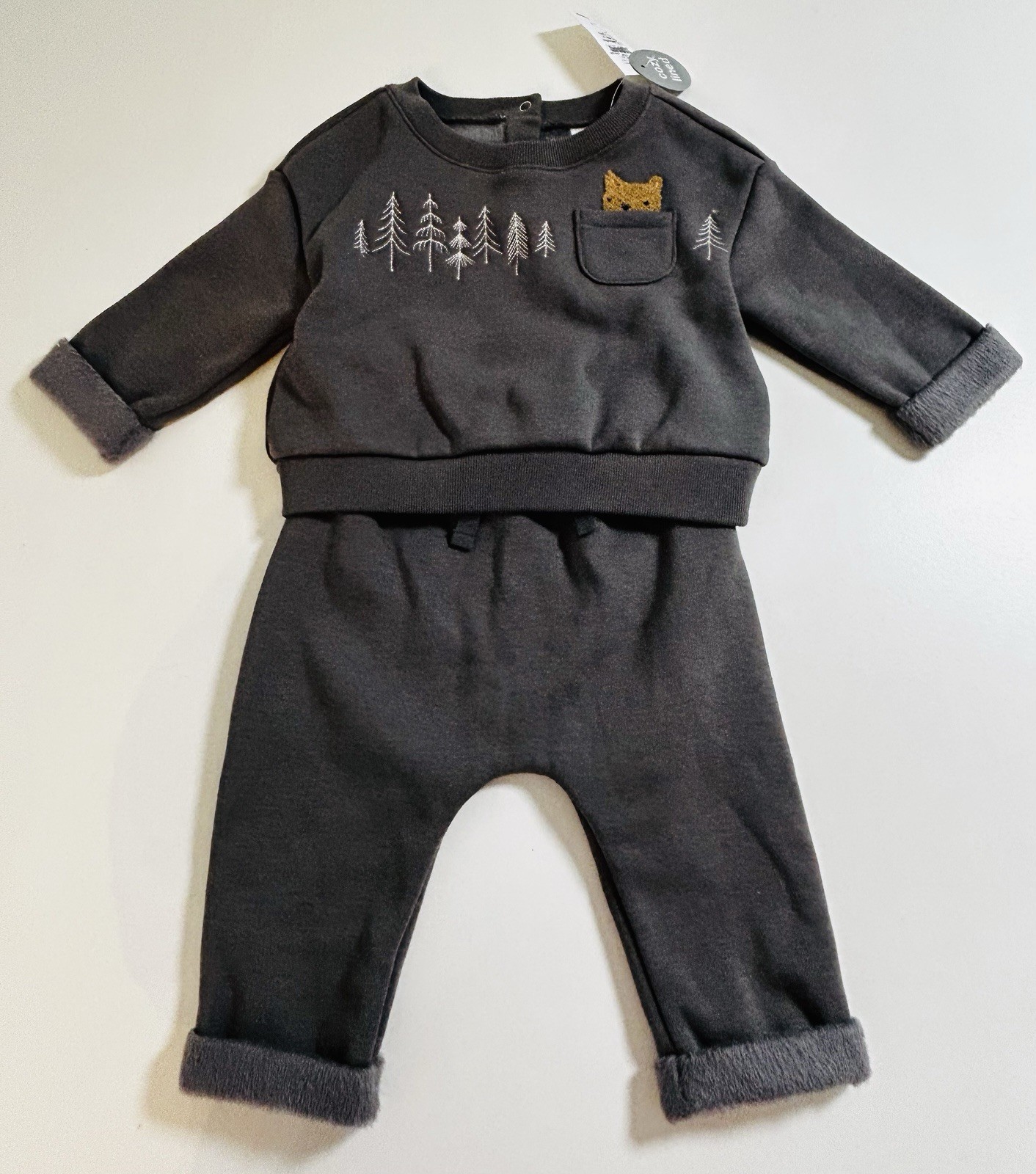 NWT Baby Gap 3-6 Months Cozy Lined Fleece Shirt and Pants Set Gray Embroidered