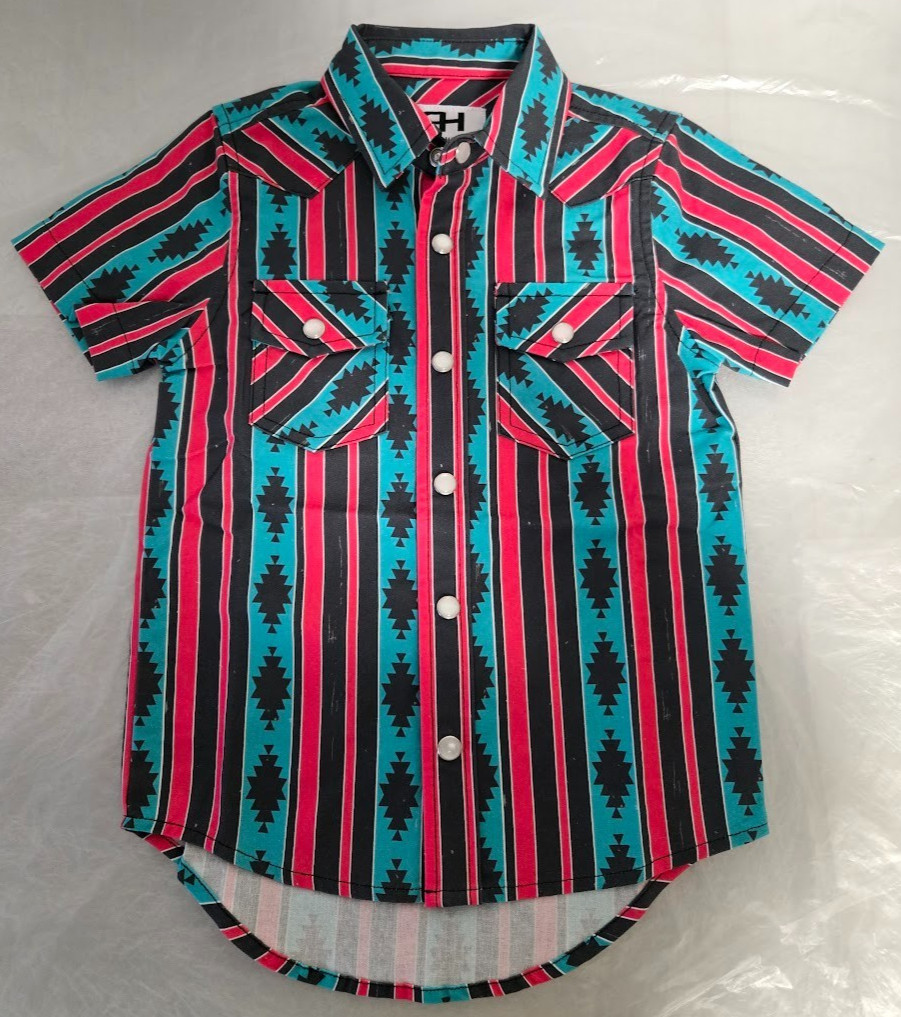 Western Aztec Stripe Cowboy Pearl Snap Shirt Teal Red Short Sleeve Size 18-24M