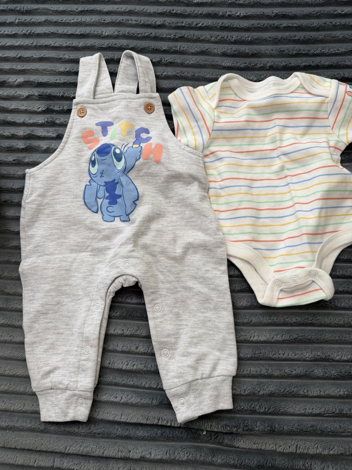 Disney Stitch 2-Piece Gray Overall & Striped Short Sleeve Bodysuit Baby Set