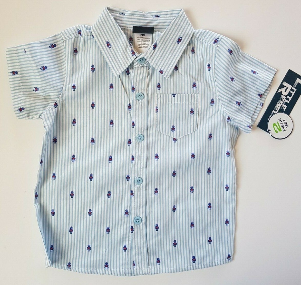 Little Rebels Boy’s 2 Pc Set Pinstripe w/ Robot Print Shirt & Pants Size 24M New