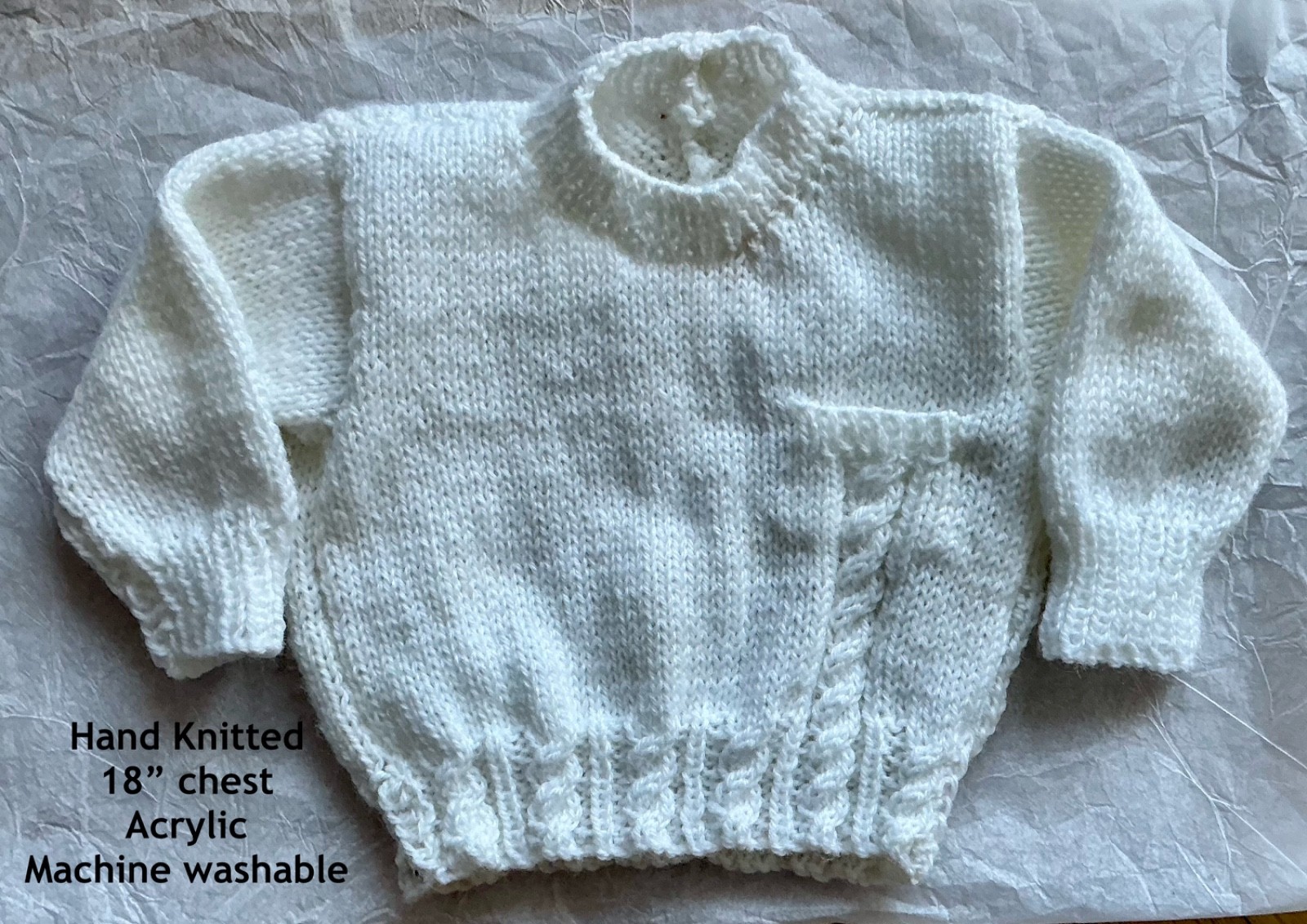 HAND KNITTED BY ME – FIRST JUMPER ~ WHITE ACRYLIC ~ LENGTH 9” ~ CHEST 18” ~NEW
