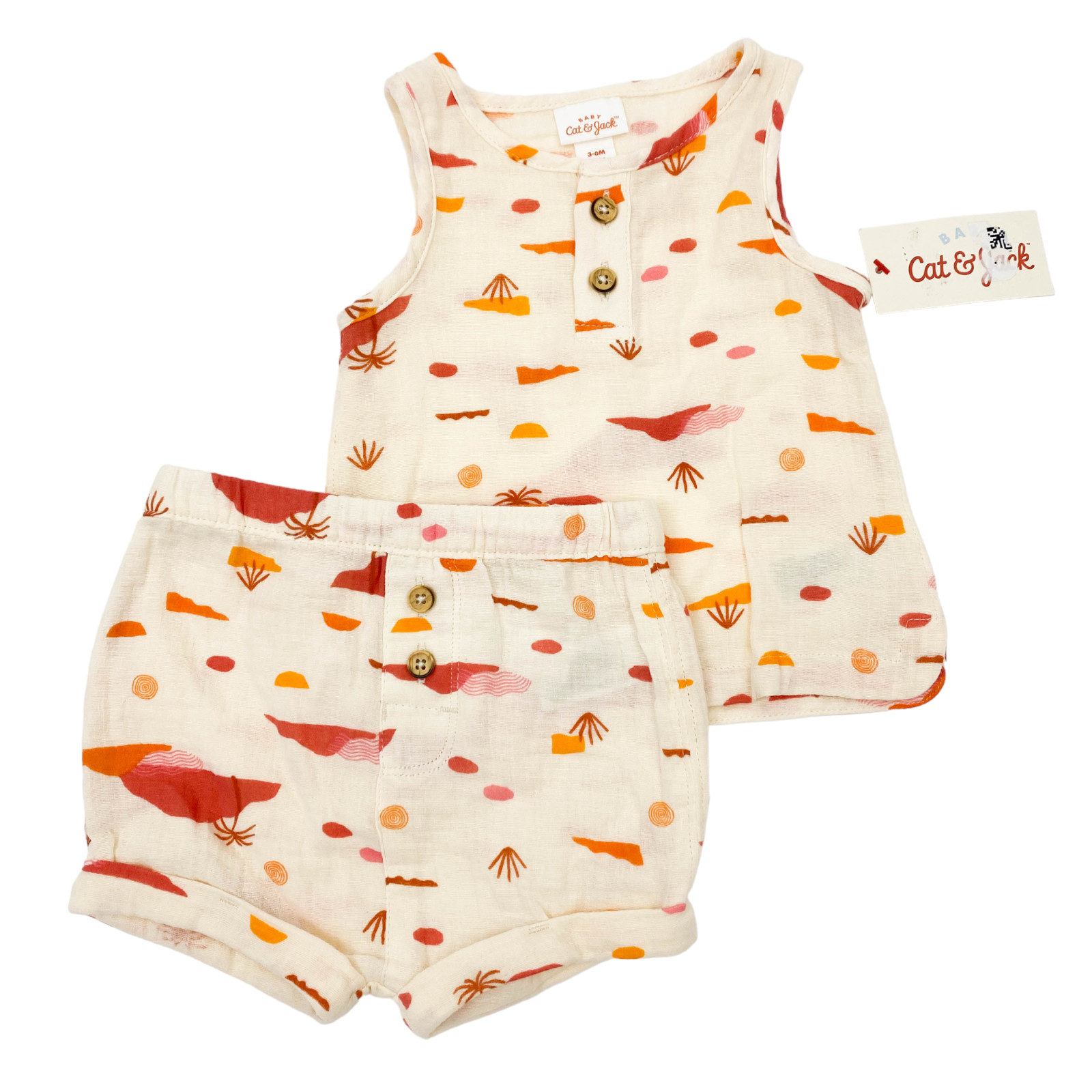 Cat & Jack Baby Girl Size 3-6M Gauze Scenic Print Top & Bottom Set Sand