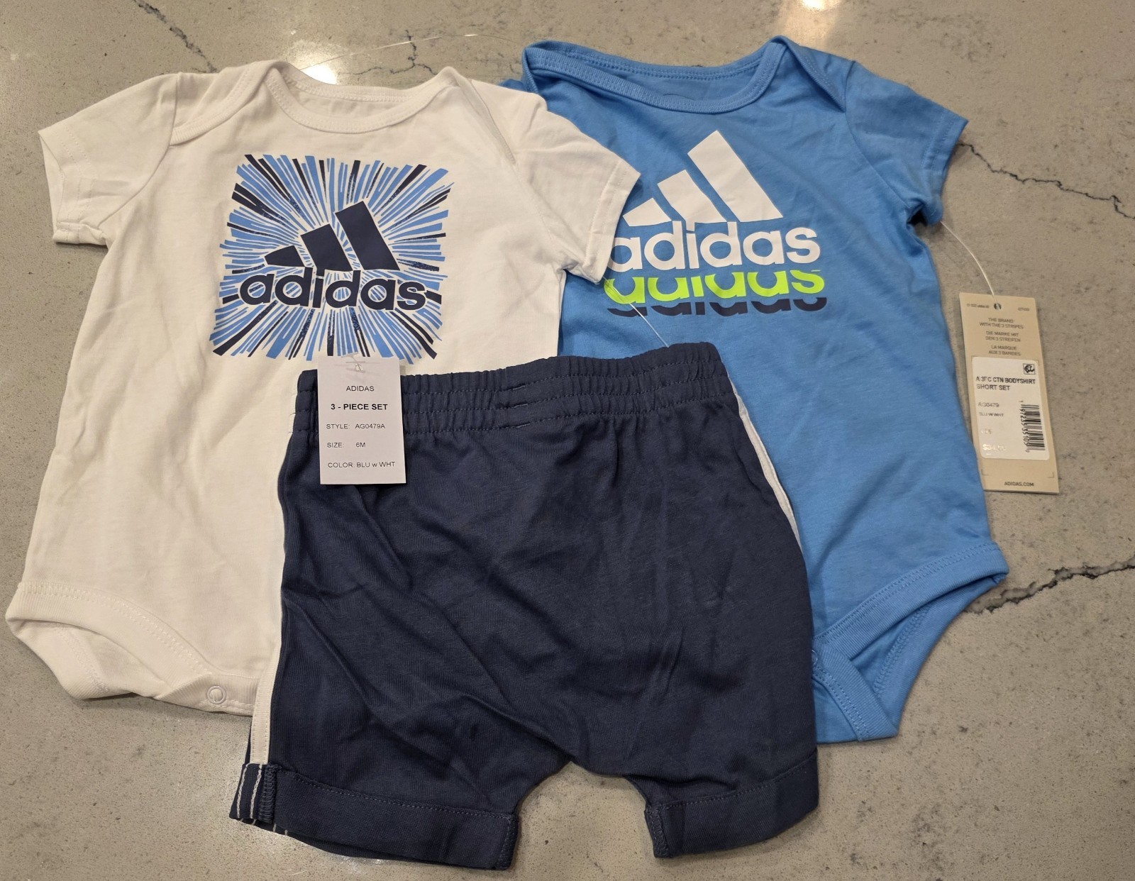 NWT Adidas 3PC Bodysuits Short Set 100% Cotton