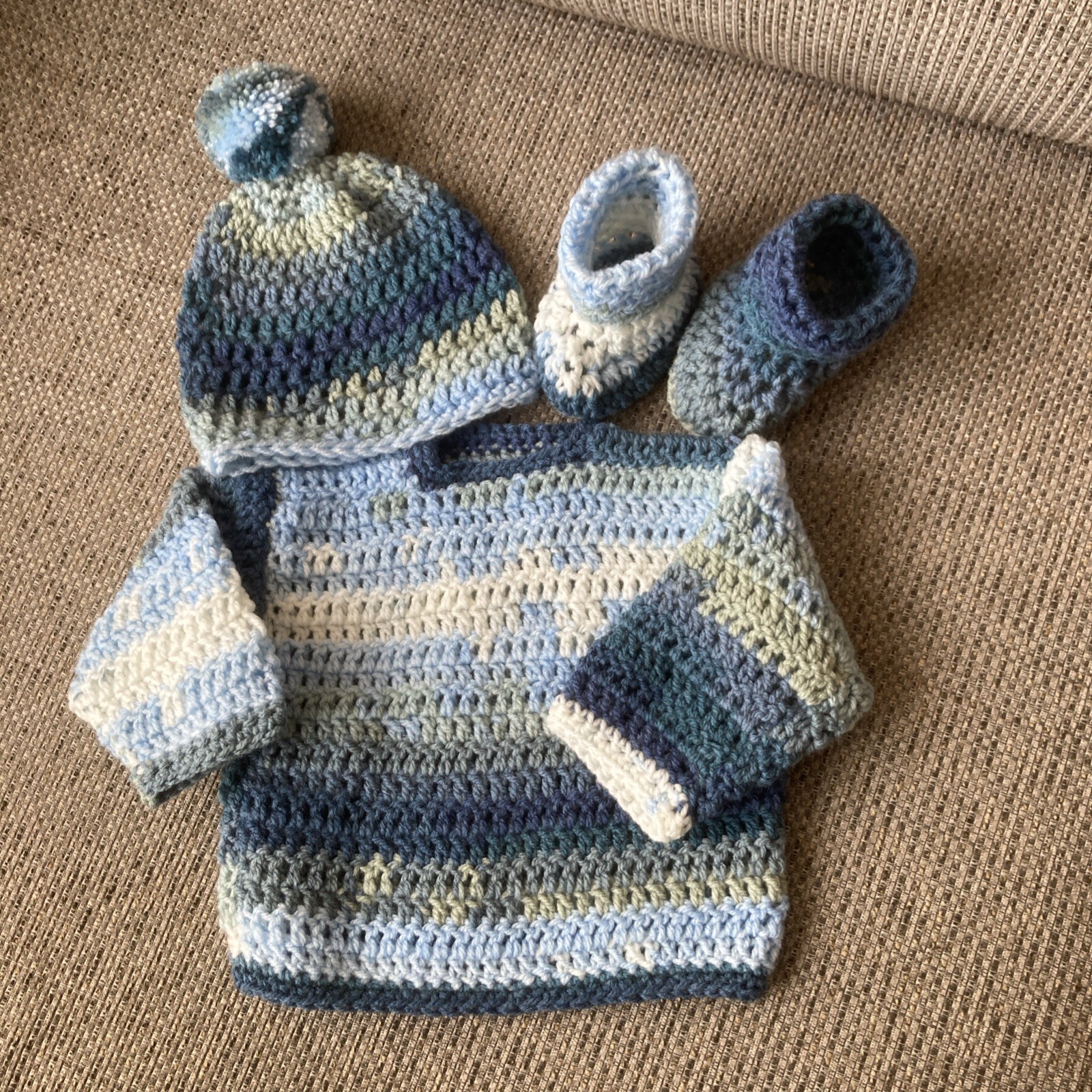 ✨handmadebyavril. Hand Crochet Baby Jumper Set – 0-3 Months. Denim Blue Multi