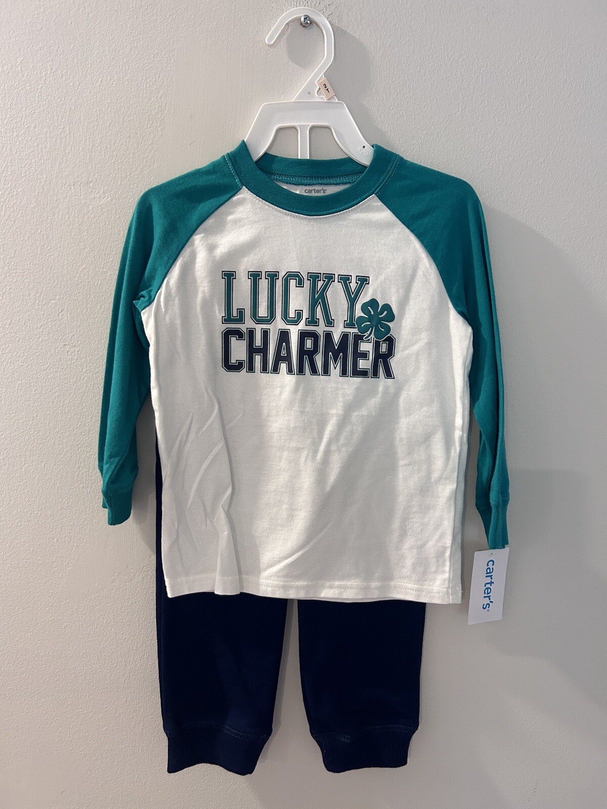 NWT Carters 2 Piece St. Patrick’s Day Outfit Sz 2T Joggers Top Lucky Charm Navy