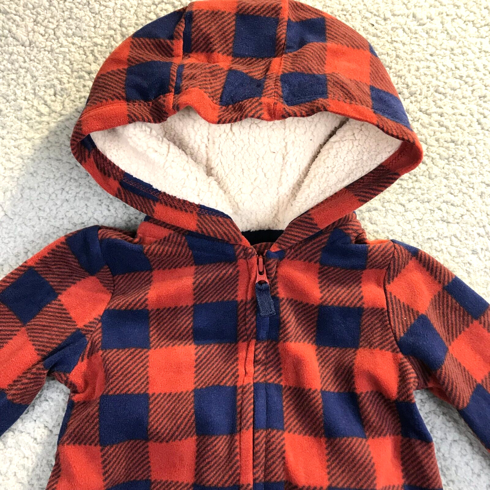 Carter’s Baby Boy Hooded 18 Mos Jumpsuit Outfit Rust Navy Plaid Soft Fleece NWT