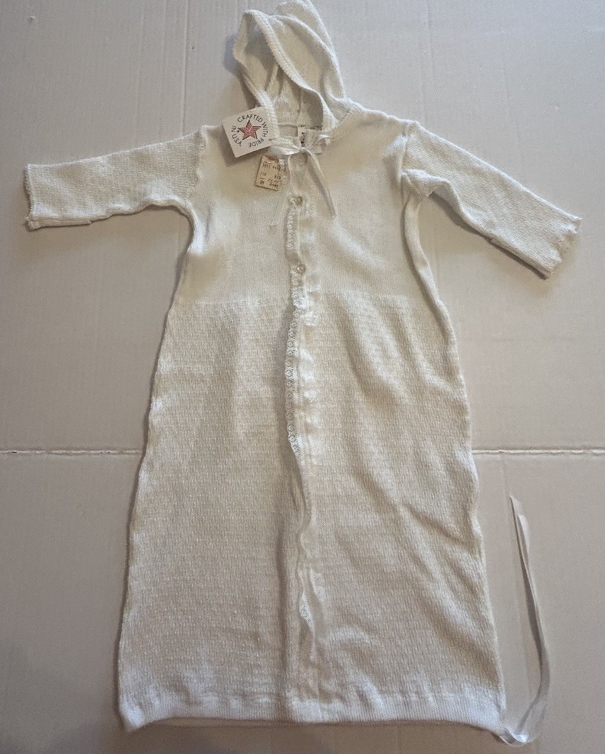 Vtg Paty Baby Gown White Size 6 Months Lace Knit Ribbon Tie Hooded USA NOS