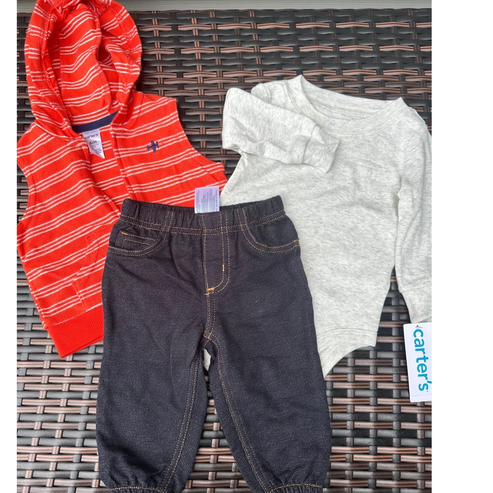 Carters Baby Boy 3 Piece Set Orange Striped Hooded Vest Gray Bodysuit Pants 6M