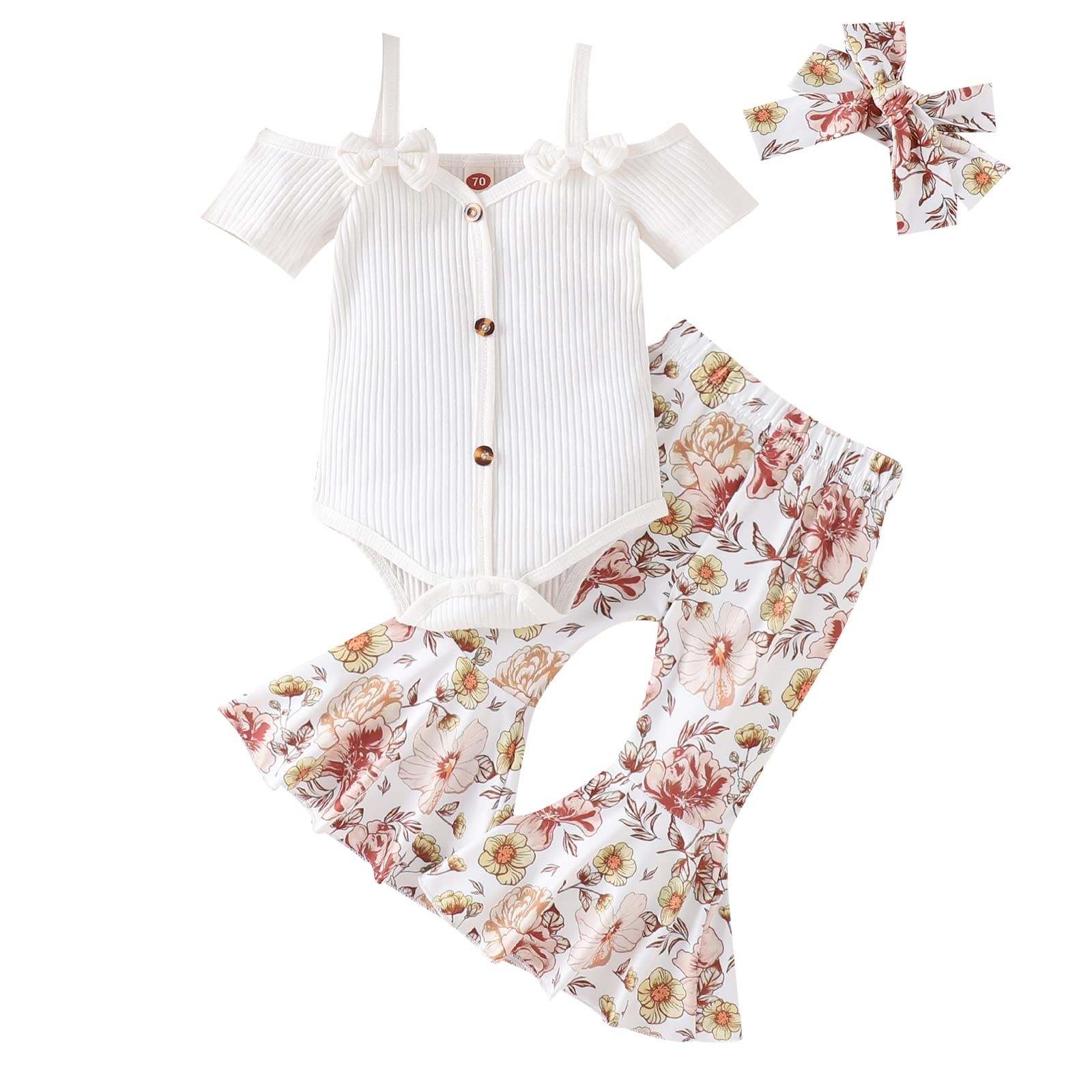 Infant Baby Girl Clothes Suspenders Short Sleeve Ribbed Romper Flared Pants S…