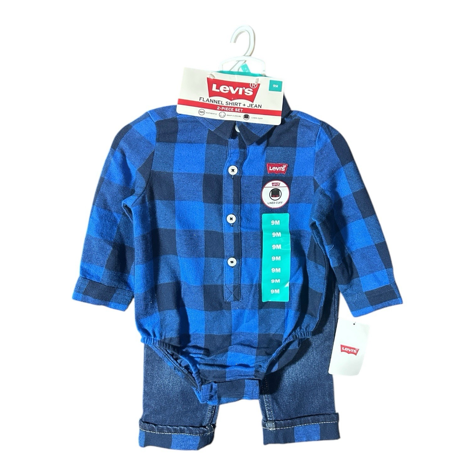 Levi’s 9M Boys Flannel Blue Shirt + Jeans Lined Cuff Outfit New