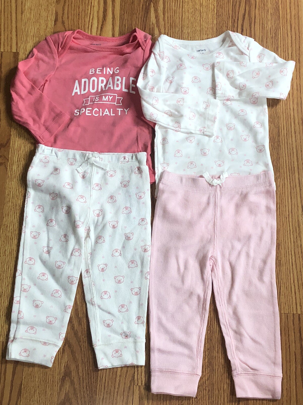 Carter’s Girls Pink Bear Face 4 Piece set 2 Bodysuits, 2 Pants Size 9, 12 or 18M