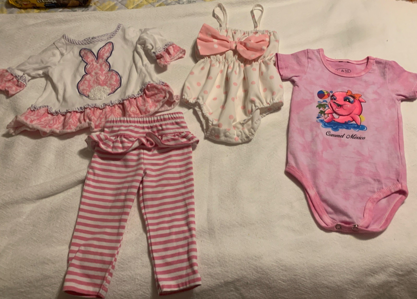 Girl’s 4-Pc Lot L/S Shirt/Ruffled Pants/2 One-pieces Pink/White 9-12 Month #1590
