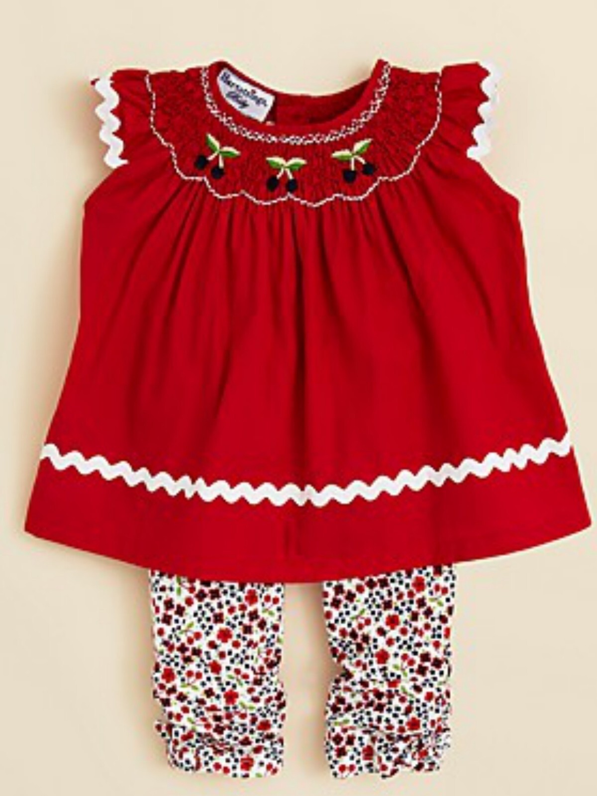 New Baby Girl Hartstrings Smocked Ric Rac Red Cherry Floral Top Pants Set 6/9 M