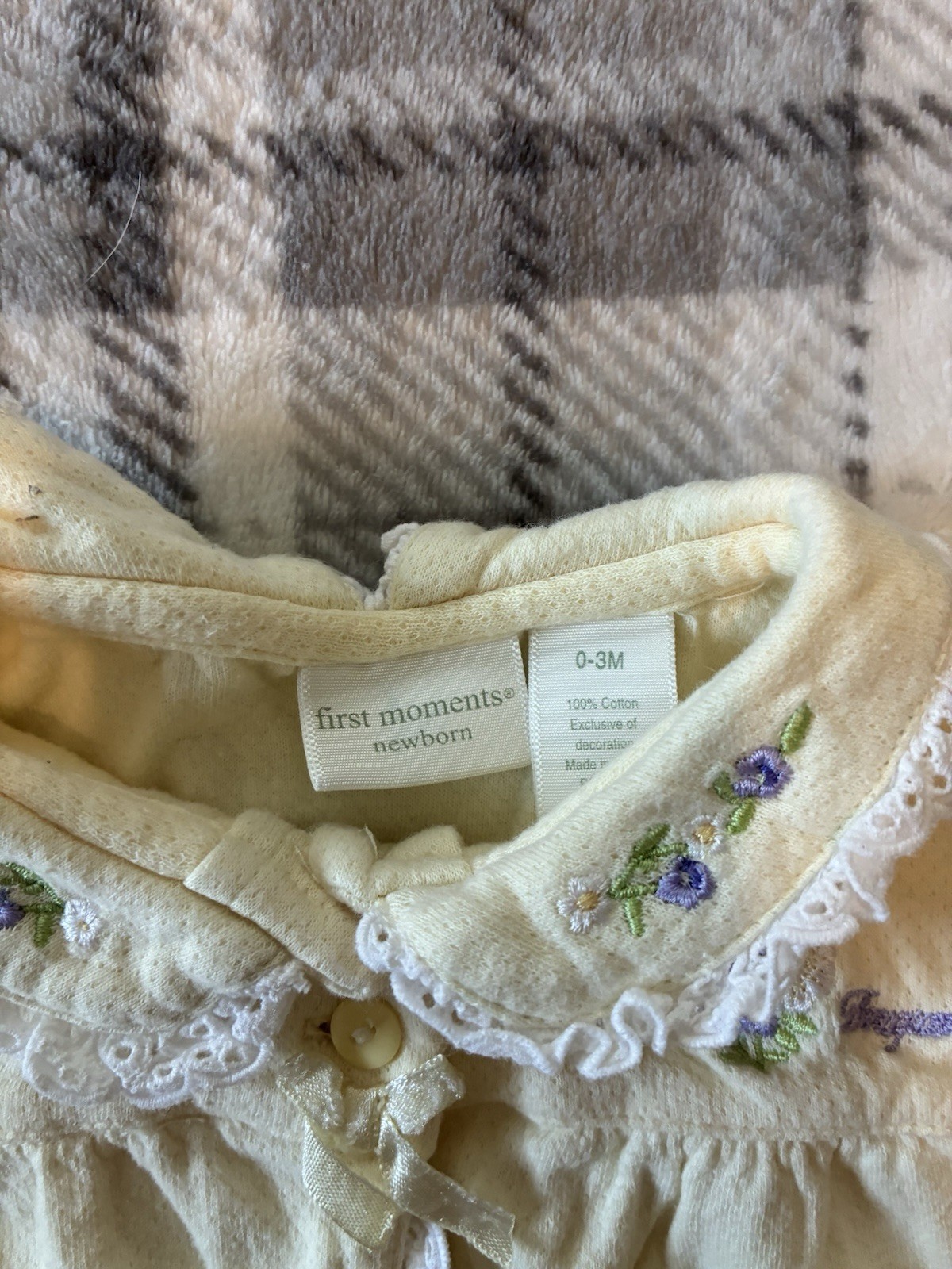 First Moments Girls 0-3M 2Pc Cotton Knit Pants Set Ivory Floral Embroidered