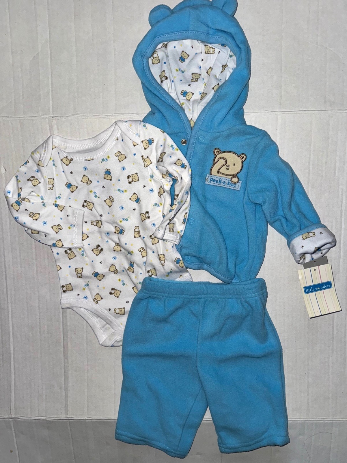 LITTLE WONDERS 3 pc flc set blue/white PEEKING BEAR motif size 0-3 mo VINTAGE