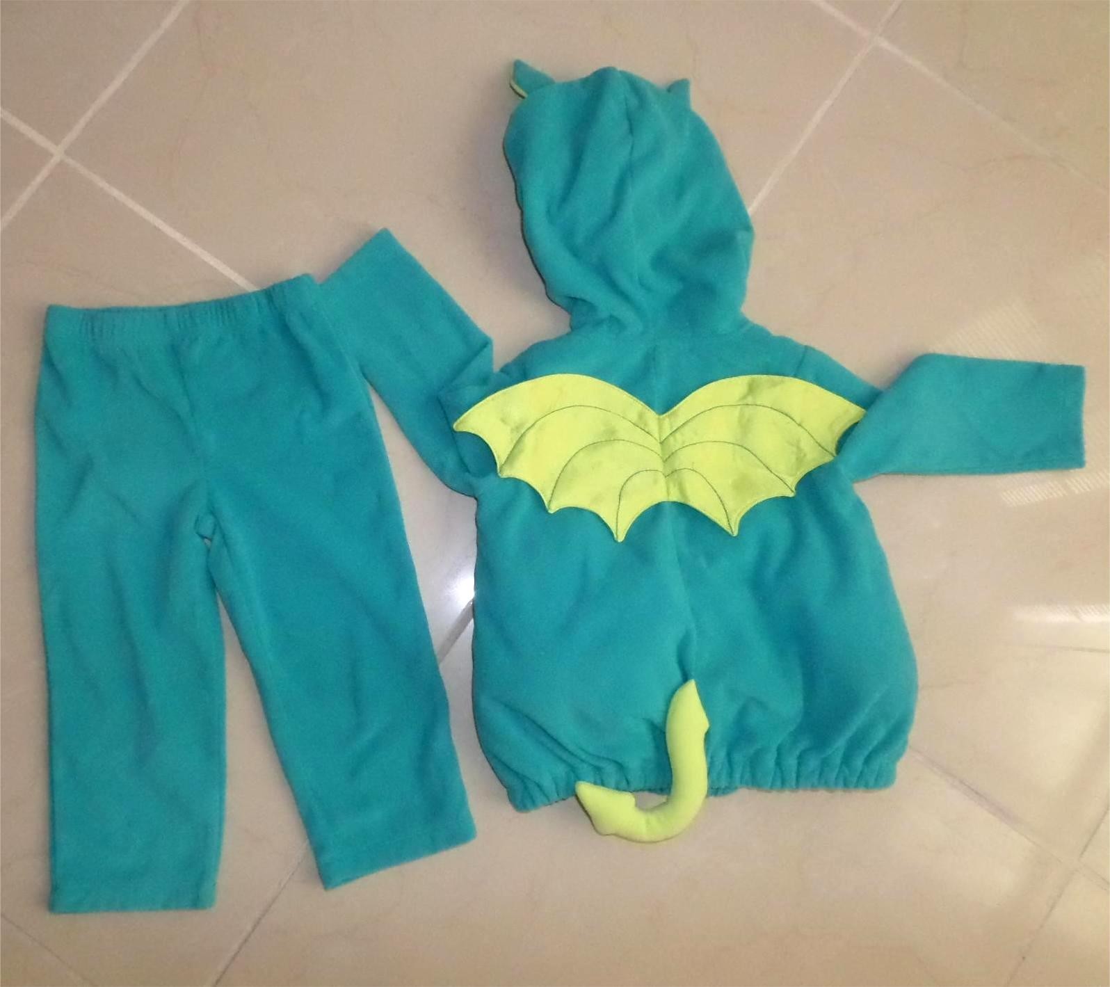 Carter’s 2Pc Pajama Set Green Dragon Costume Boy Warm Fleece Hooded Size 24M 2T